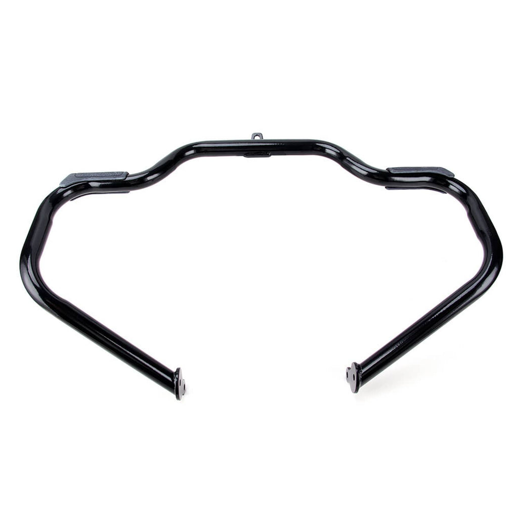 Black engine crash guard bar with curved tube and central top mounting tab