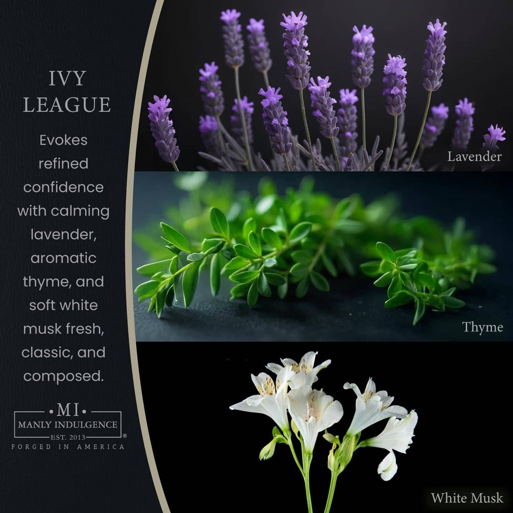 Scented candle note graphic with purple lavender, thyme, and white musk blossoms
