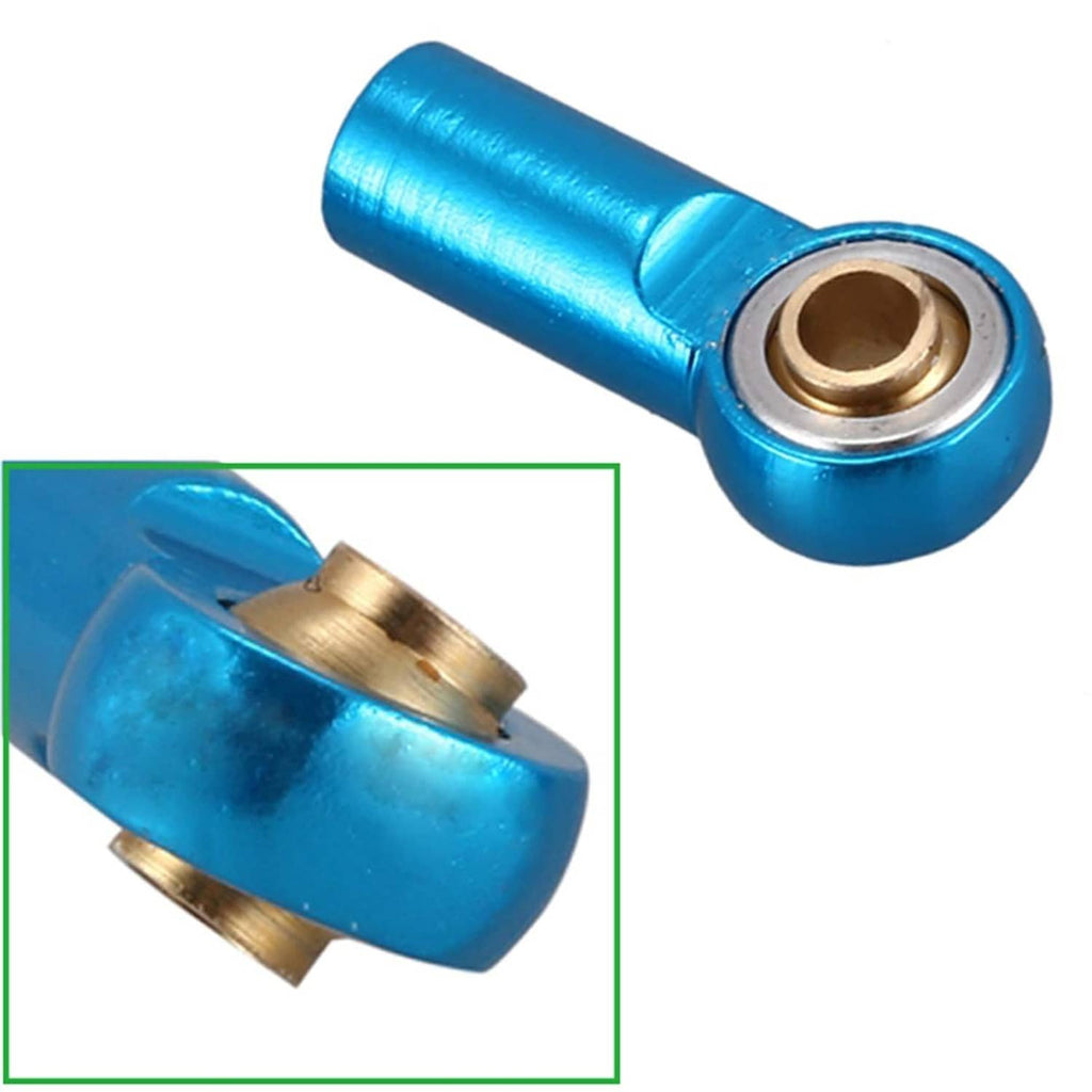 Blue aluminum tie rod end ball joint link with brass bushing, close-up of end