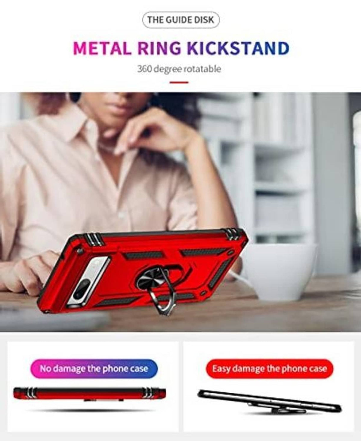 Red rugged phone case with 360° rotatable kickstand ring in use