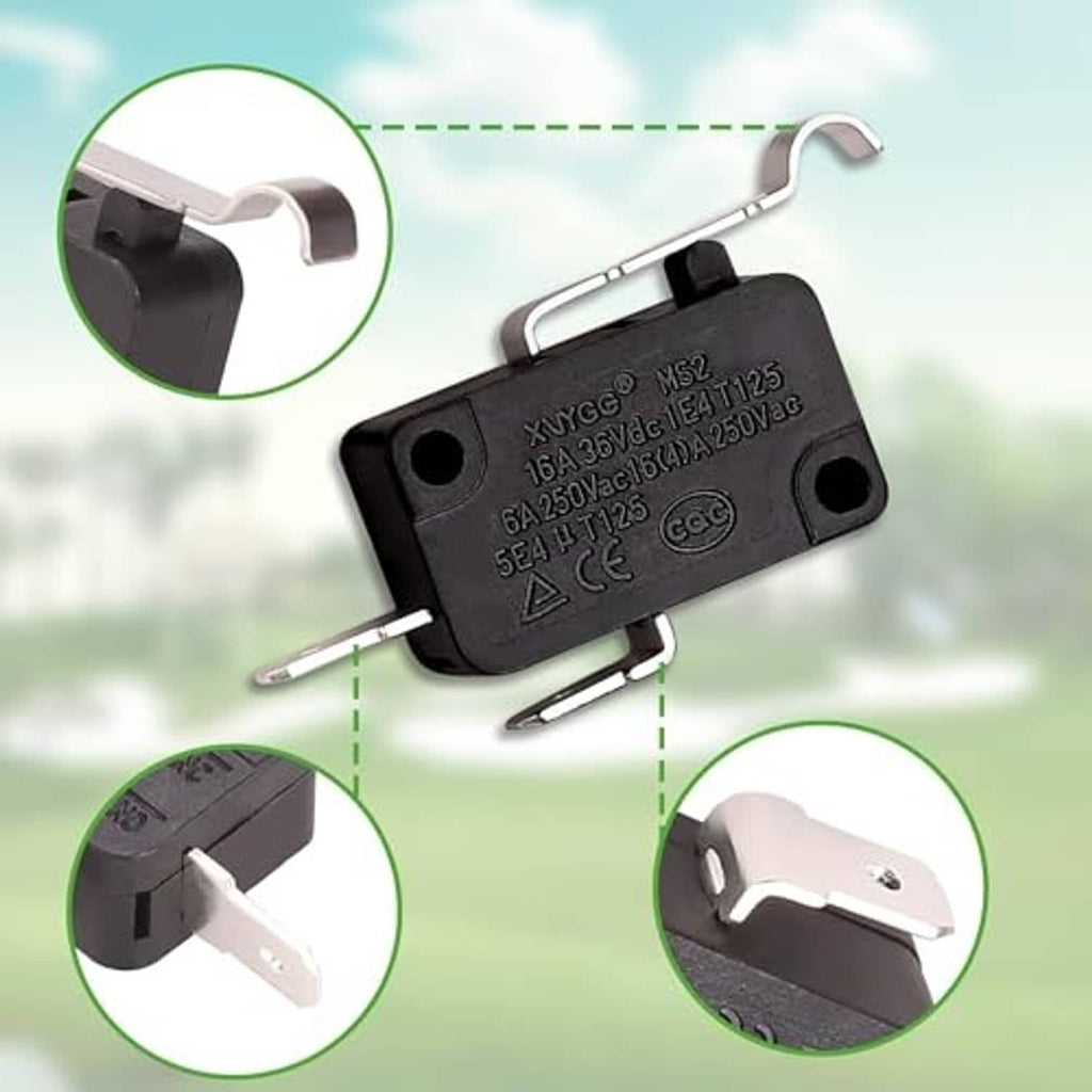 Black micro switch close-up with silver terminals and mounting pins, detailed view