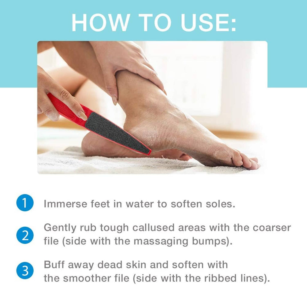 Red foot file on heel with black abrasive side for softening and smoothing.