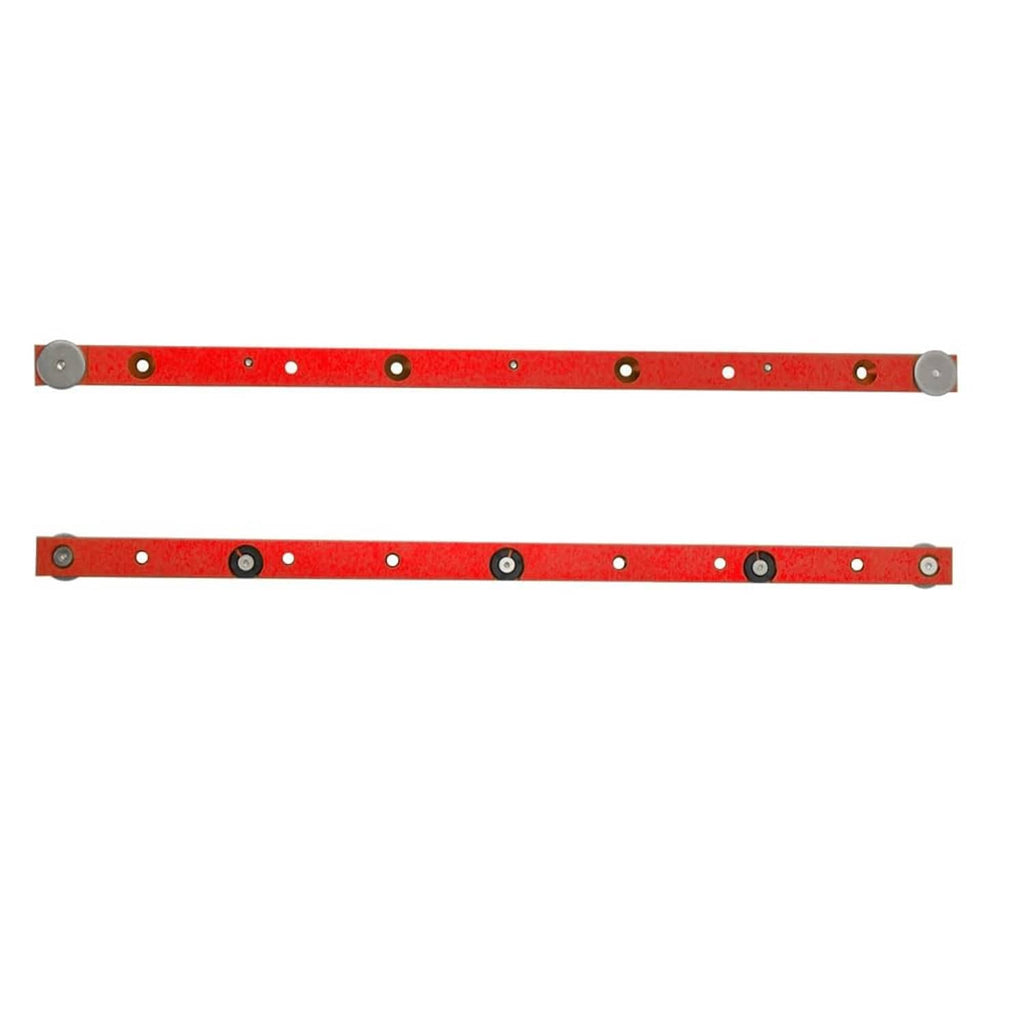 Red aluminum miter bar clamp bar in front and back views with bolt holes