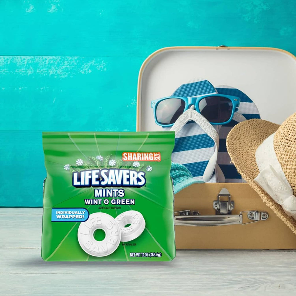 Green sharing-size bag of hard candy mints on a table surface
