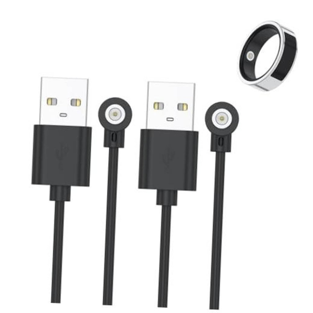 Two smart ring charger cables with USB-A plugs and magnetic ring adapters, black