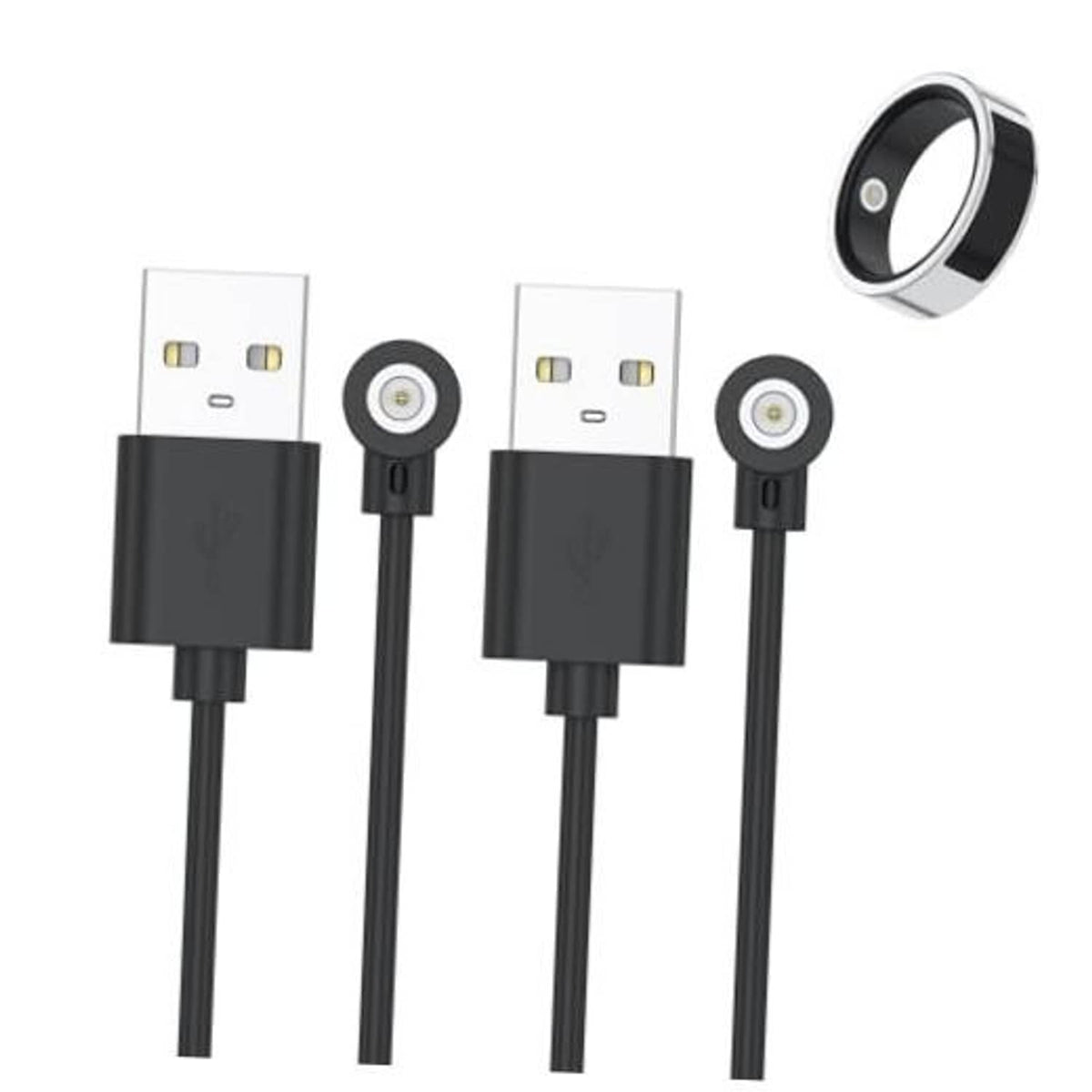 Two smart ring charger cables with USB-A plugs and magnetic ring adapters, black