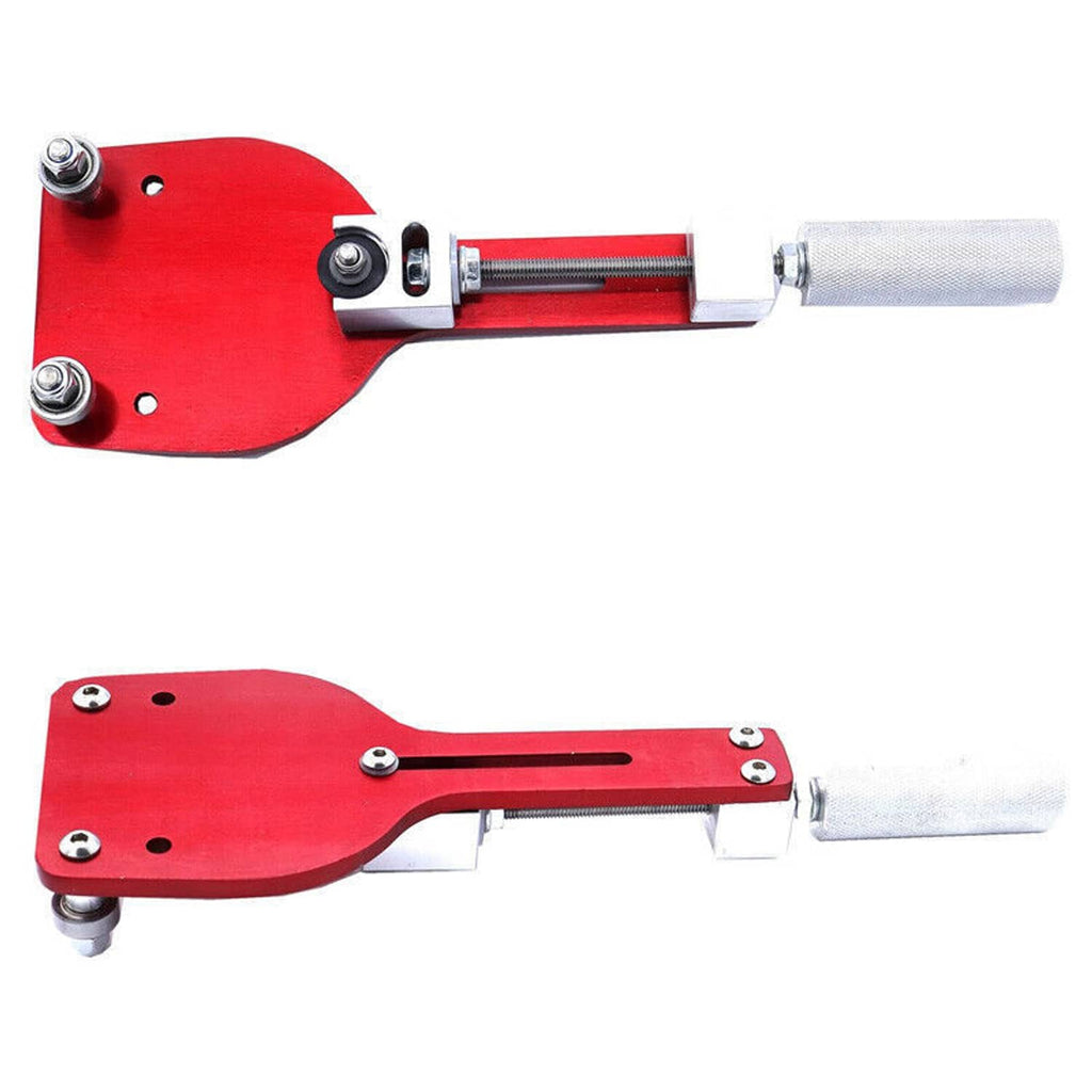 Red oil filter cutter with metal guides, cutting head, and anti-slip grip handle