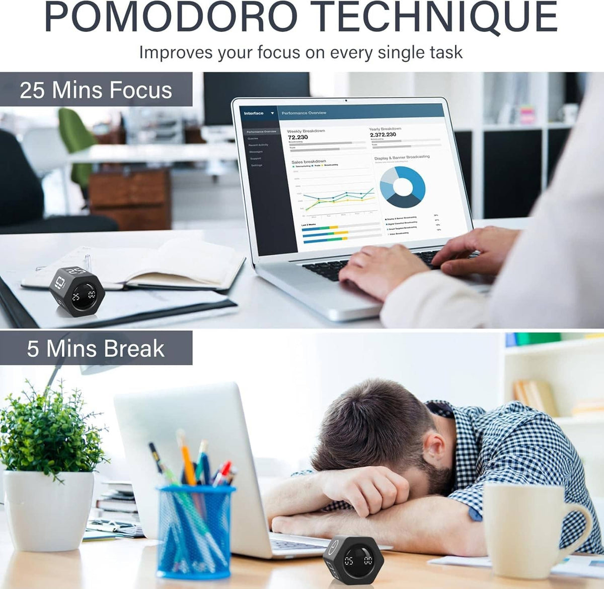 Black desk timer for focus and break scheduling, with glowing digital countdown display
