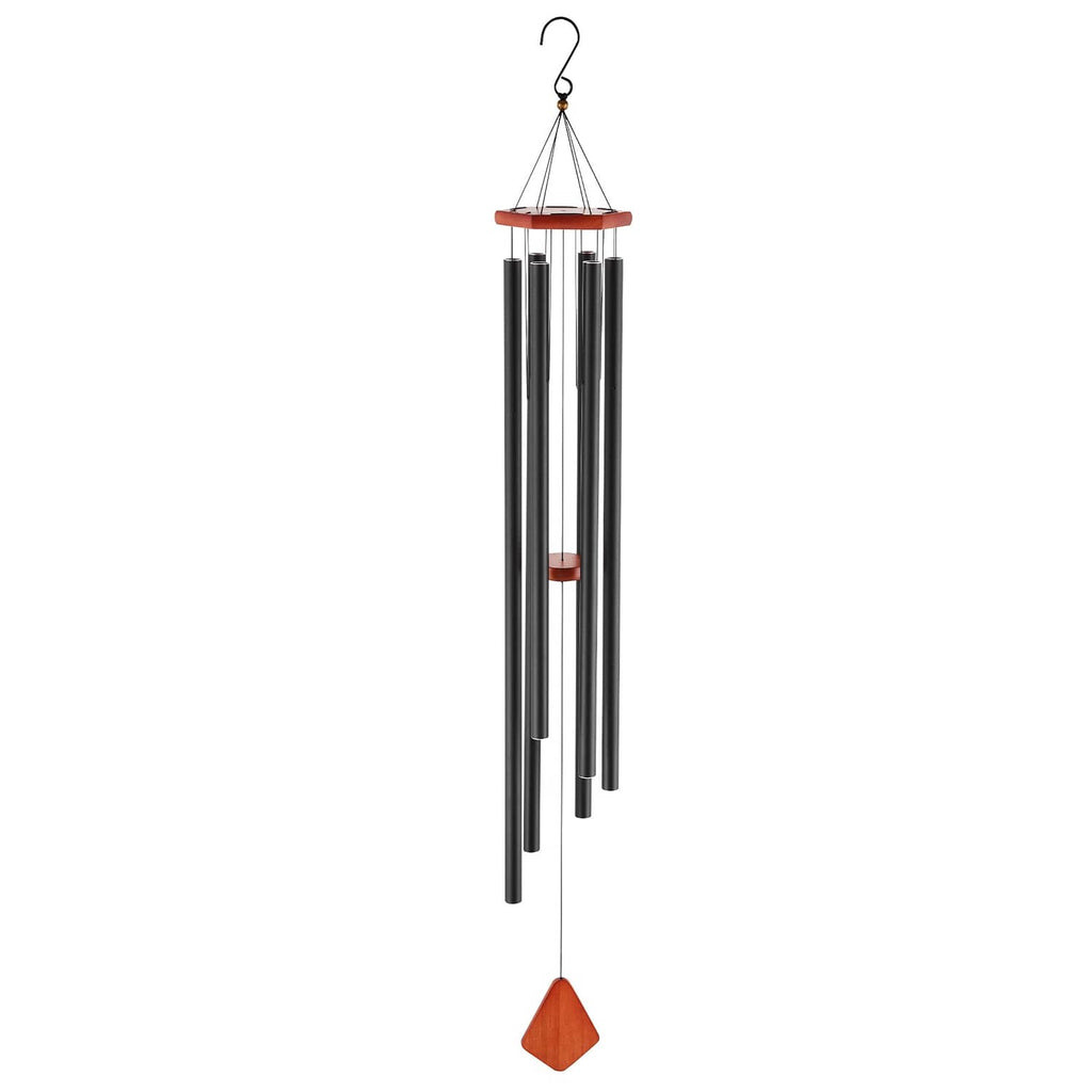 Outdoor wind chime with black aluminum tubes, red top cap, and orange clapper
