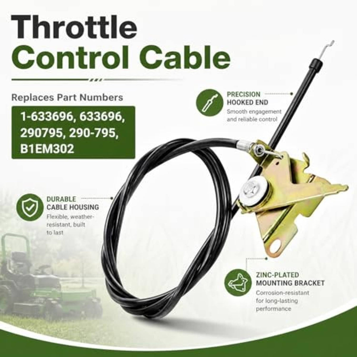 Throttle control cable with yellow-green bracket, black cable housing, and control rod
