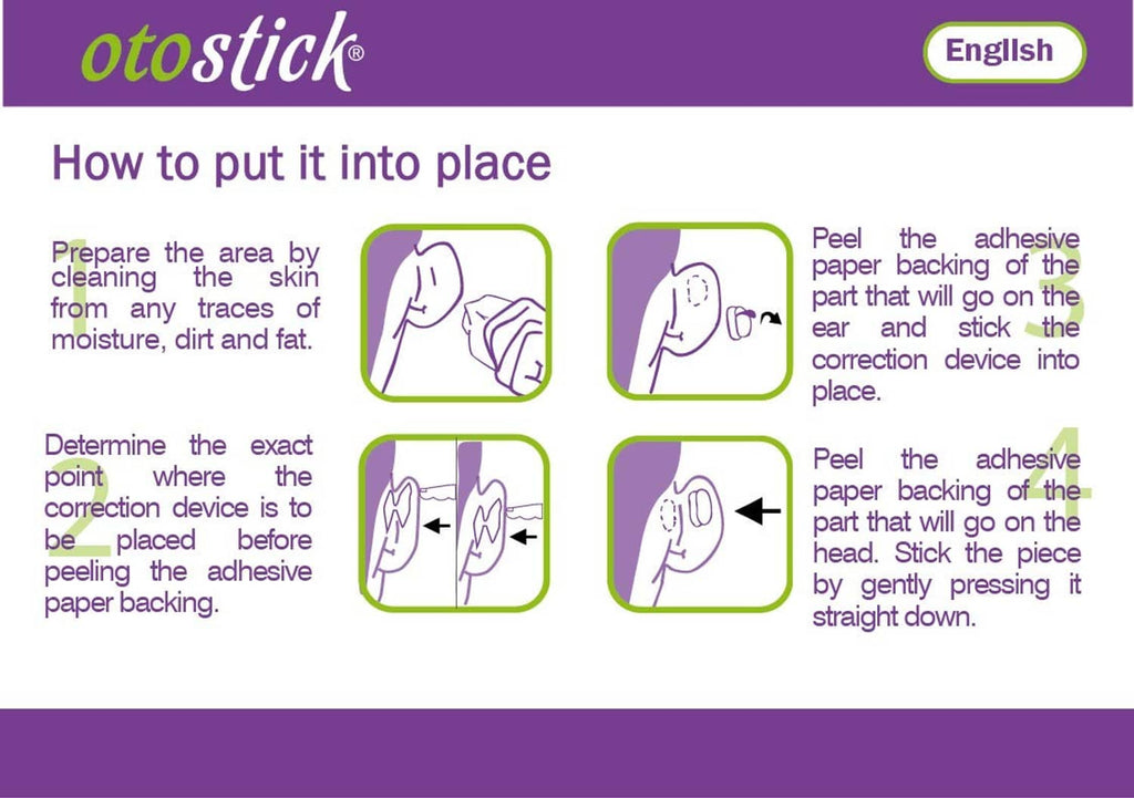 Ear correction instructions card with step-by-step application diagrams