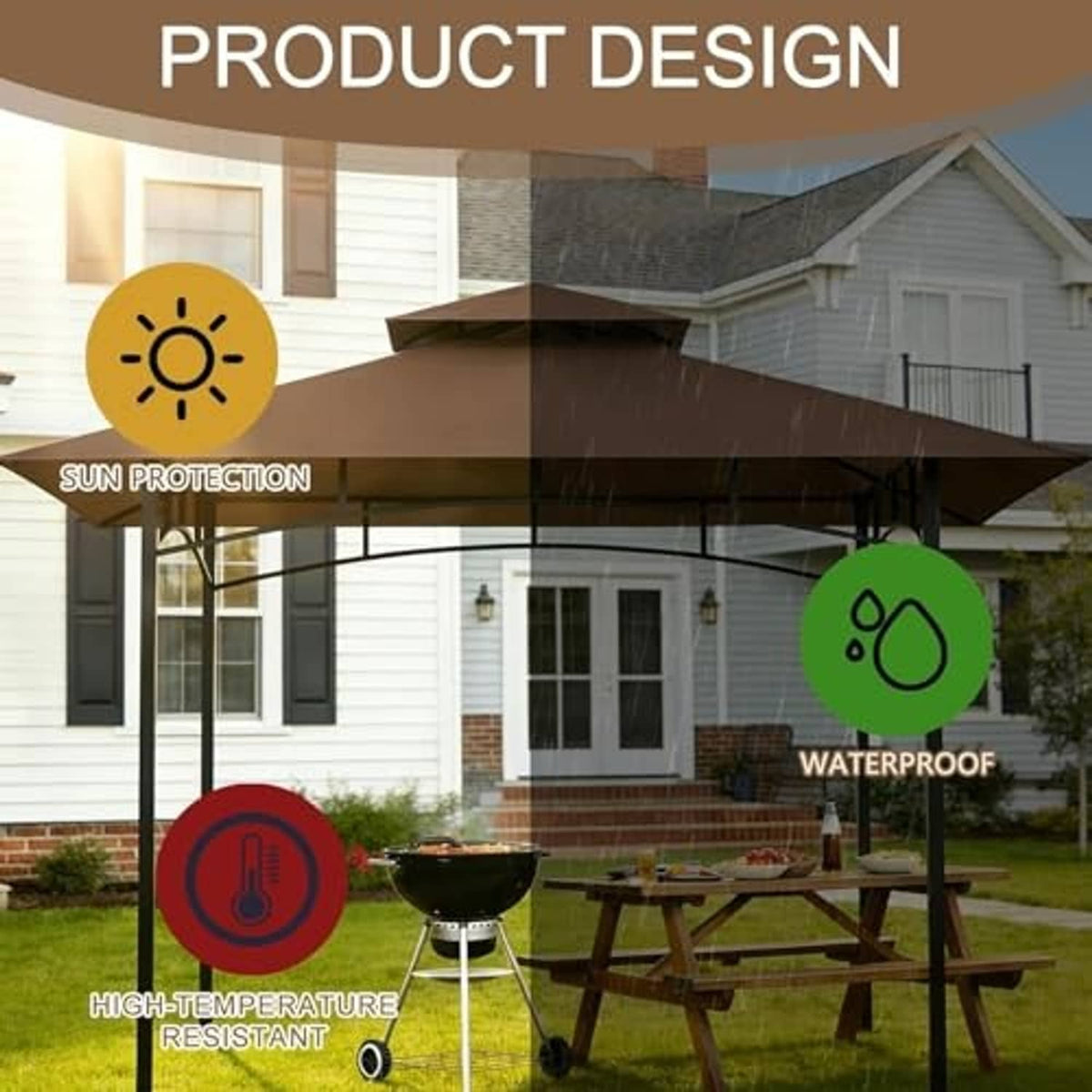 Brown grill gazebo canopy with sun protection and waterproof coverage design on frame