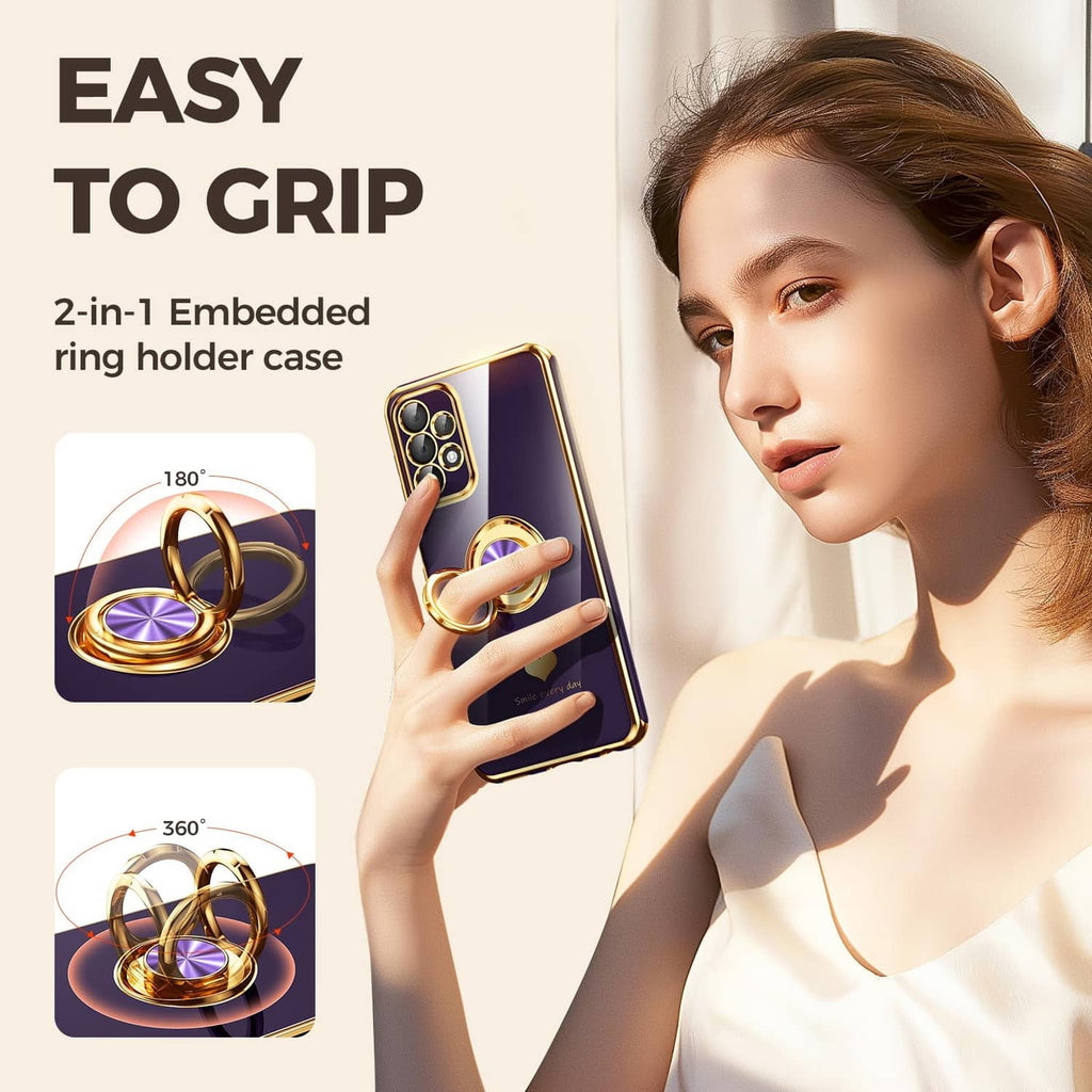 Purple phone case with built-in gold ring holder for grip and camera protection