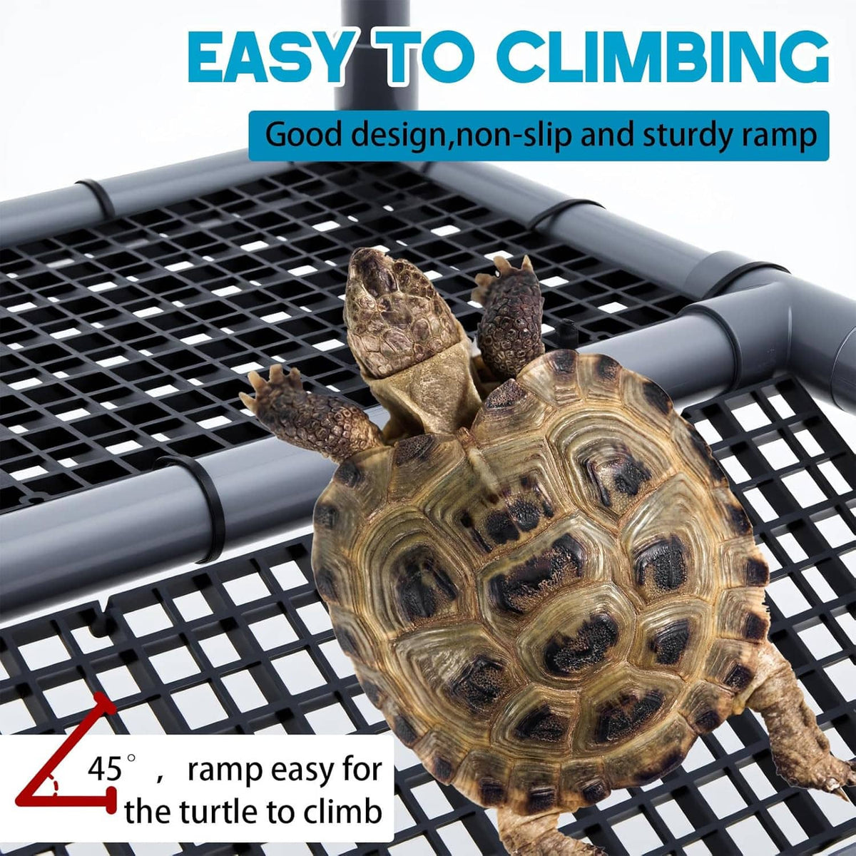 Turtle basking platform ramp with non-slip mesh surface and curved access edge