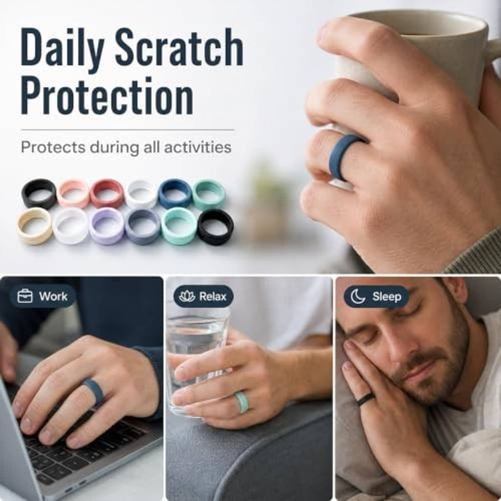 Hand wearing a blue silicone ring cover; set of colorful ring covers shown below