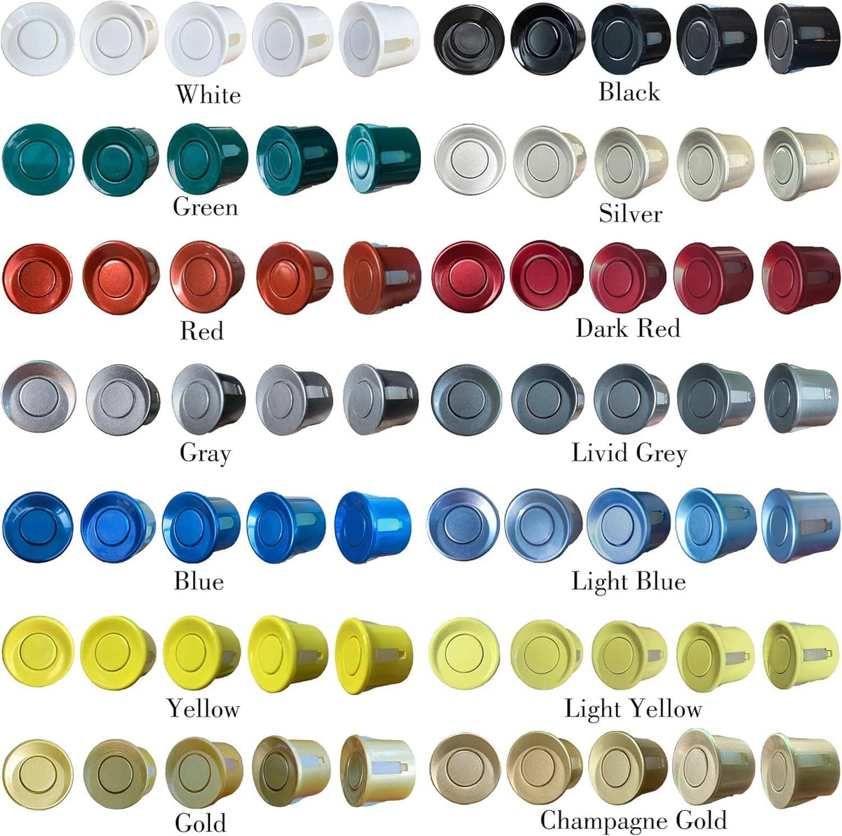 Parking sensor kit sensor color lineup showing multiple round faceplates in blue, red, yellow