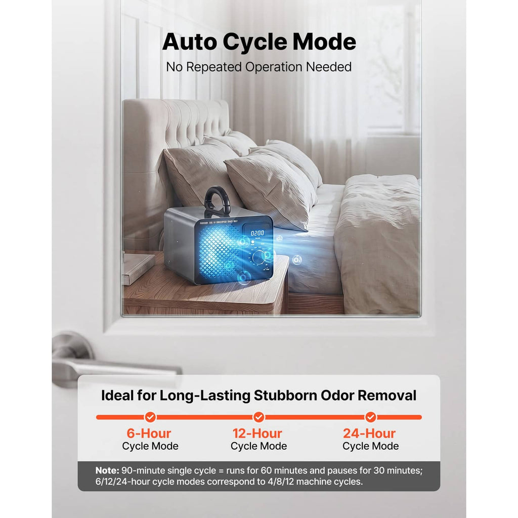 Ozone generator machine on tabletop with illuminated timer and cycle mode controls