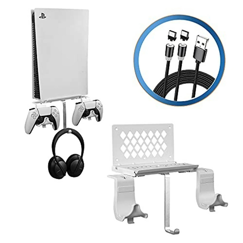 White PS5 wall mount bracket with controller holders and headphone stand accessories