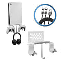 White PS5 wall mount bracket with controller holders and headphone stand accessories