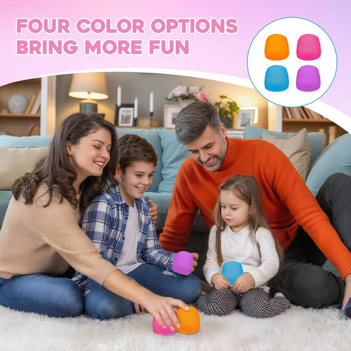 Four-color set of foam squishy stress balls, including purple, blue, pink, and orange