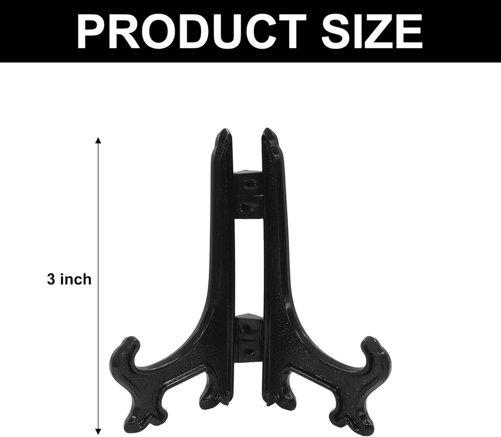 Single black plastic foldable mini easel stand with front plate and feet, 3 inch.