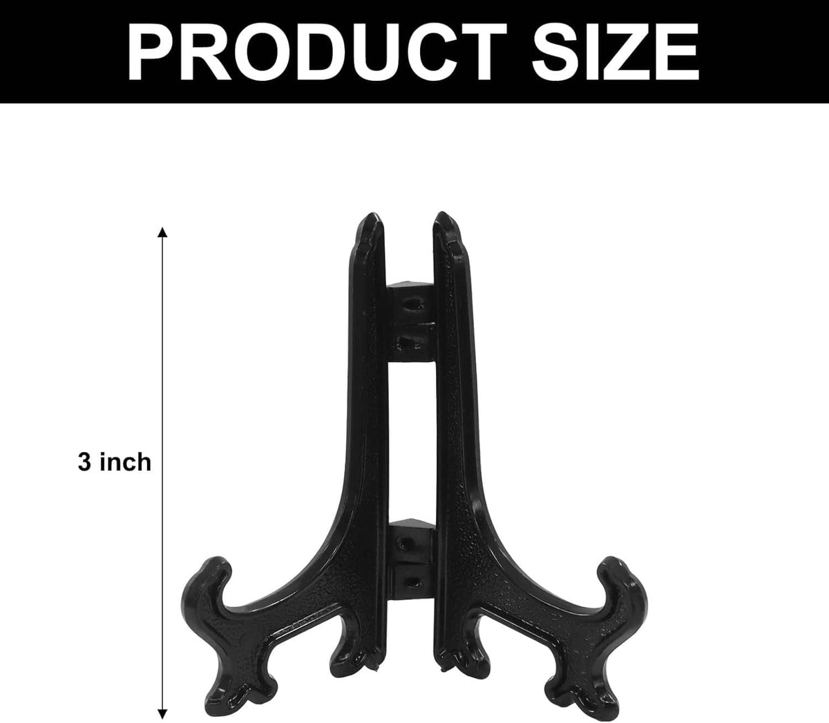 Single black plastic foldable mini easel stand with front plate and feet, 3 inch.