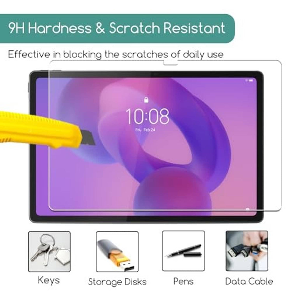 Tempered glass screen protector with scratch-resistant protection and included accessory icons