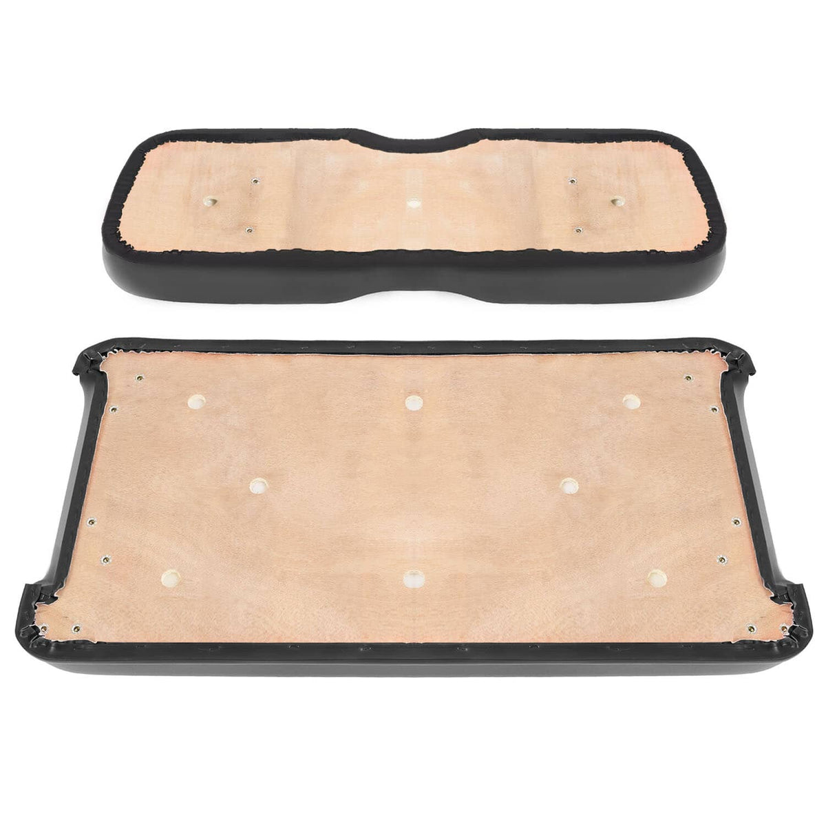 Golf cart seat cushion set with tan fabric insert and dark edges, studded corners