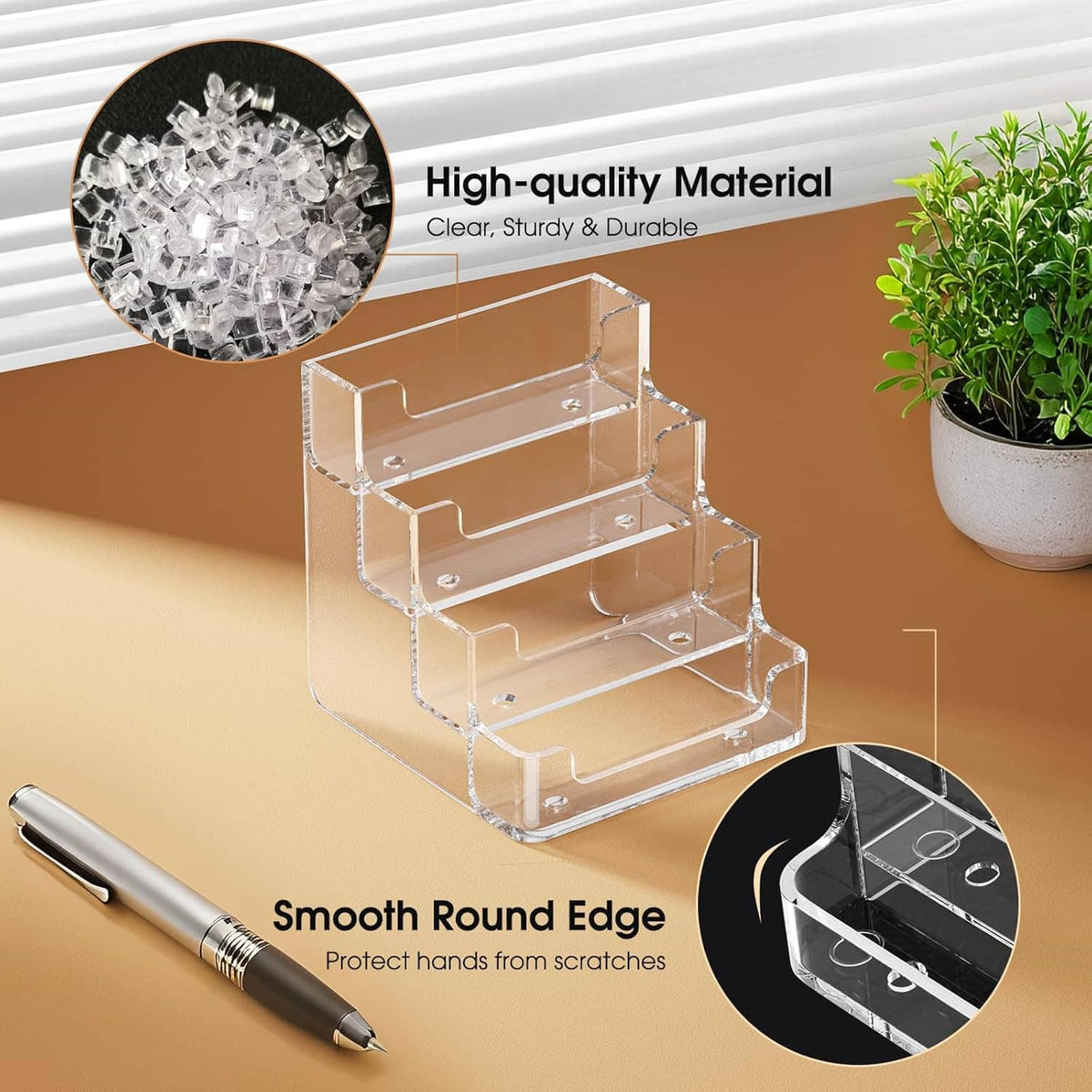 Clear acrylic 4-tier business card holder with smooth rounded edges