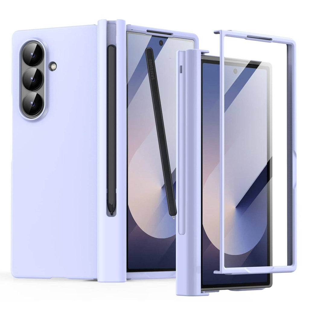 Light purple Galaxy Z Fold case with S Pen holder and screen protector, stacked view