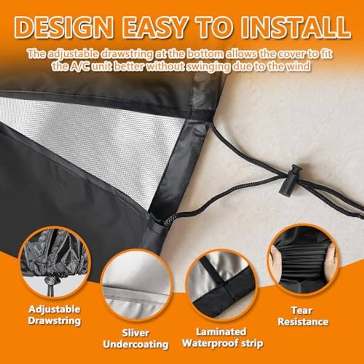Black AC unit cover with adjustable bottom drawstring and reinforced waterproof seam