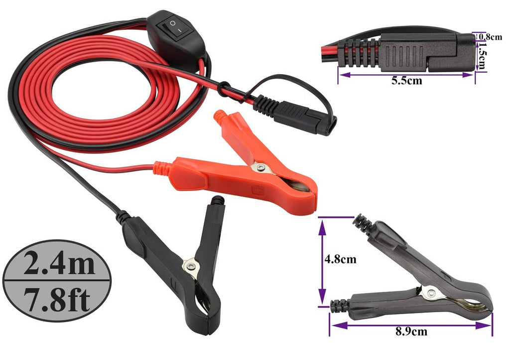 Battery extension cable with red/black leads, alligator clamps, and SAE connector