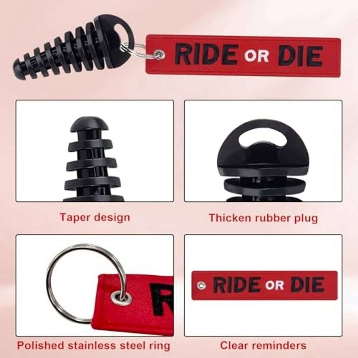 Black tapered exhaust plug with metal keyring and red 'RIDE OR DIE' strap