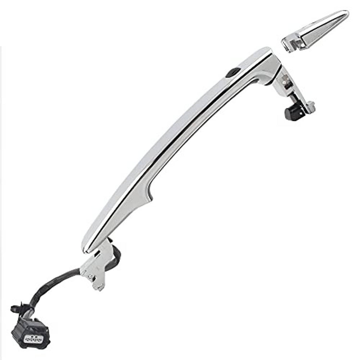 Chrome door handle with integrated latch hardware and exterior mounting clip