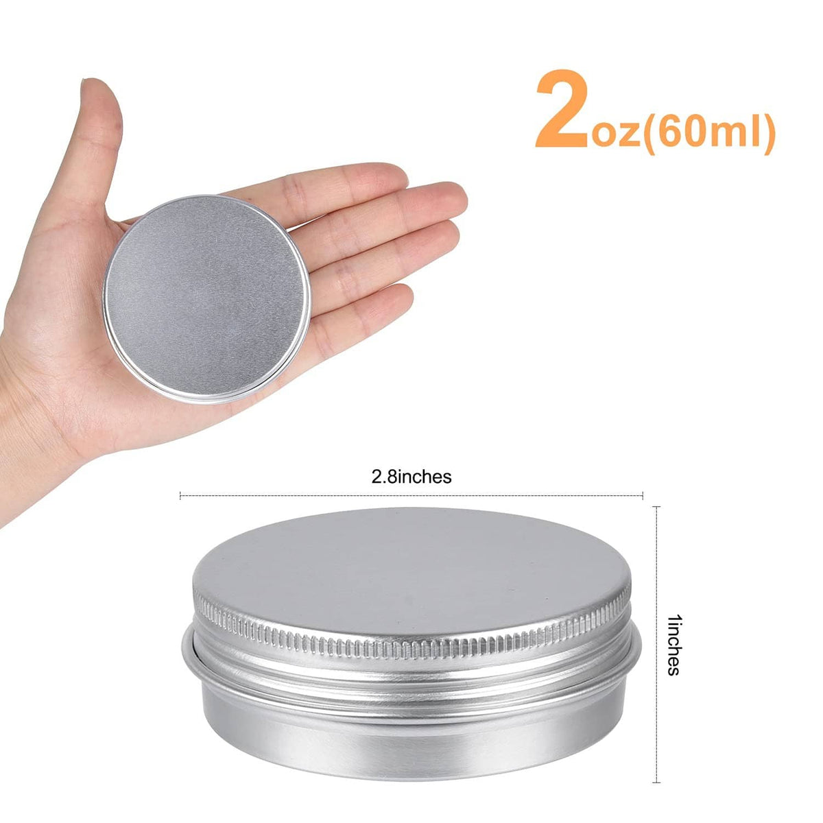 2 oz (60 ml) round aluminum tin can with screw lid, silver, shown in hand