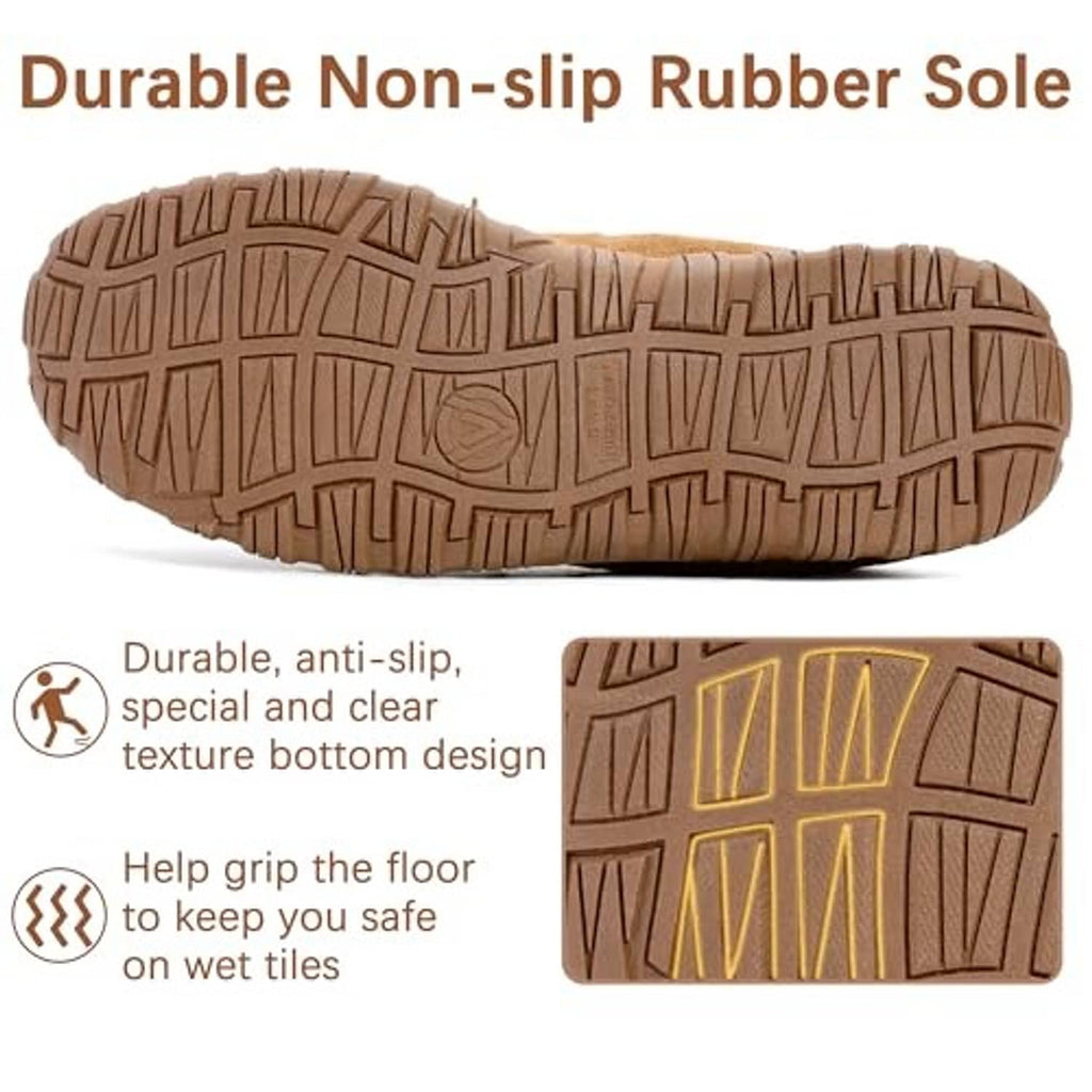 Light brown rubber outsole of moccasin slippers with grippy non-slip tread