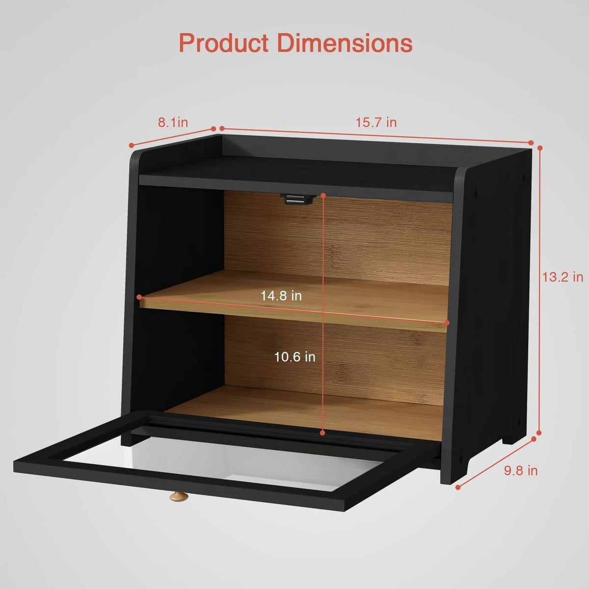 Black two-tier bread box cabinet with open door, showing two wooden shelves and latch