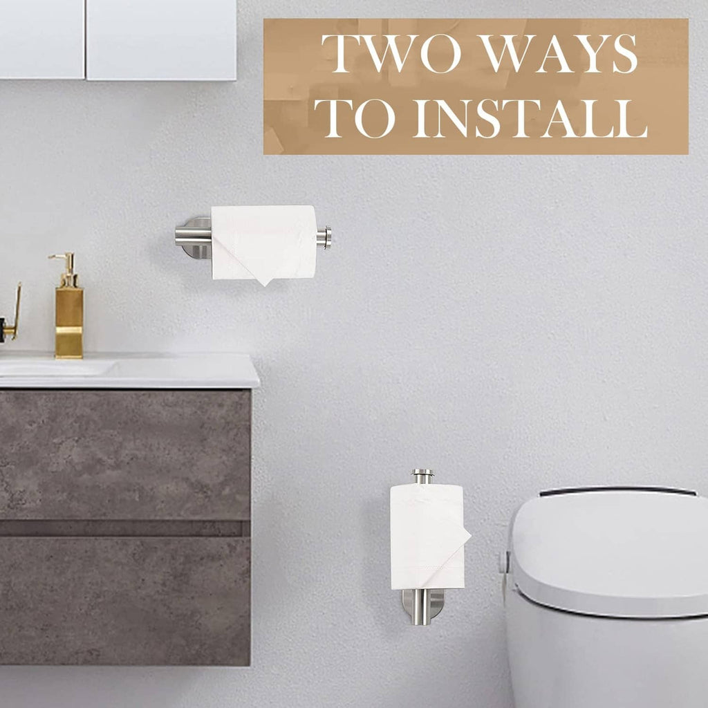 Brushed nickel self-adhesive toilet paper holder with vertical post and corner mount