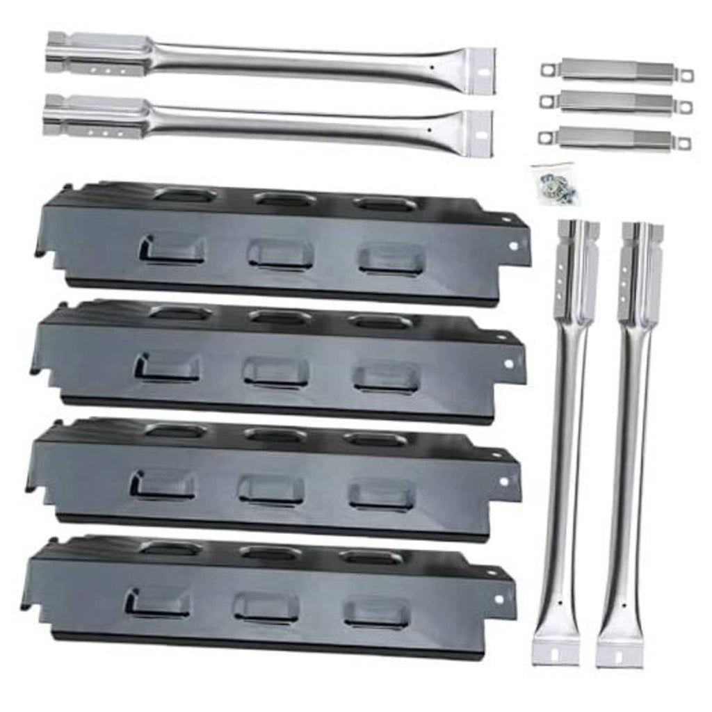 Four black burner heat plates with vent holes and mounting brackets, with crossover rods