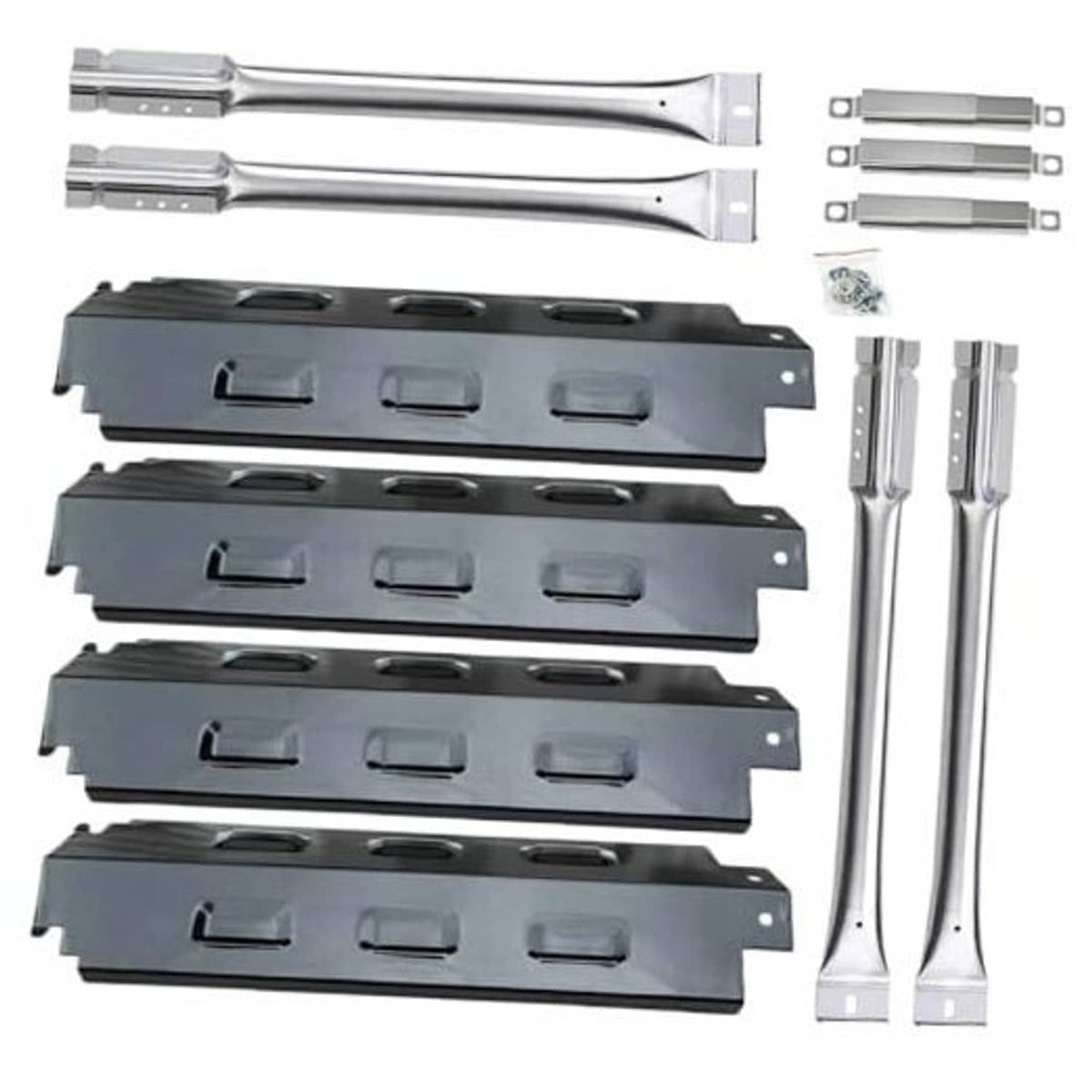 Four black burner heat plates with vent holes and mounting brackets, with crossover rods