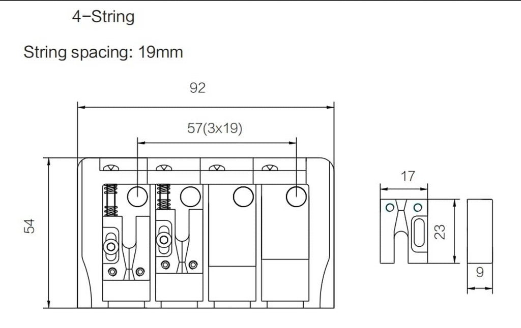 Technical diagram of black 4-string fixed bass bridge dimensions and mounting layout
