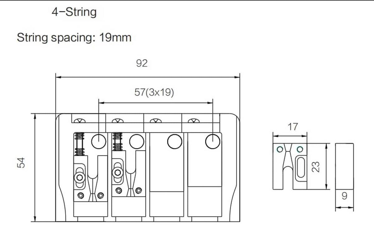 Technical diagram of black 4-string fixed bass bridge dimensions and mounting layout