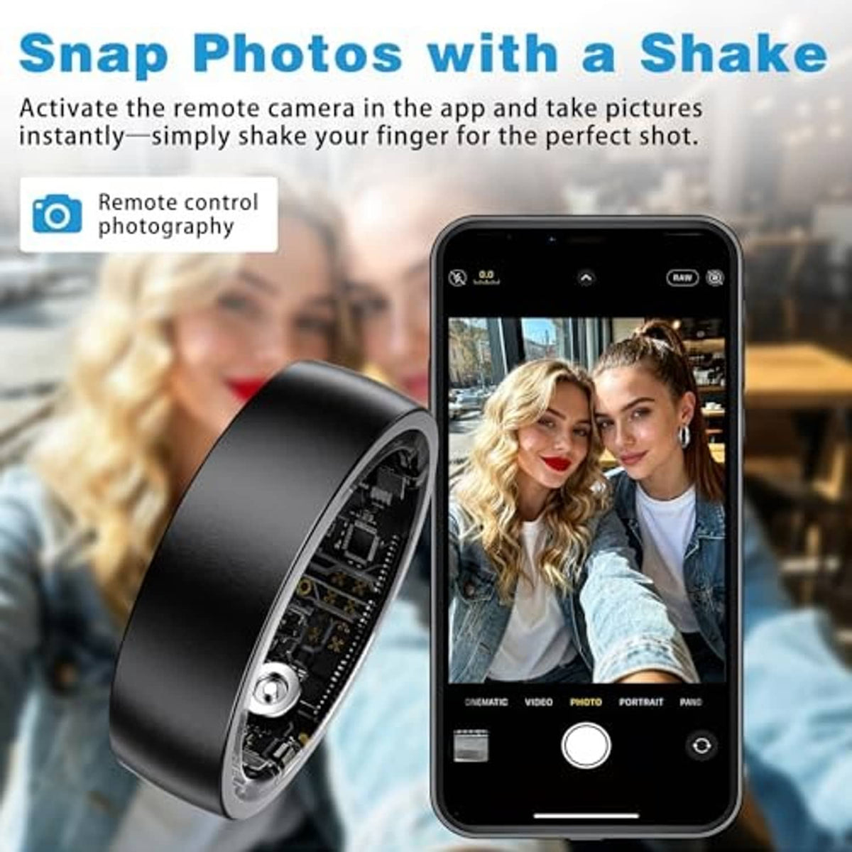 Black smart ring near a smartphone camera screen, shown with the ring’s sensor side.