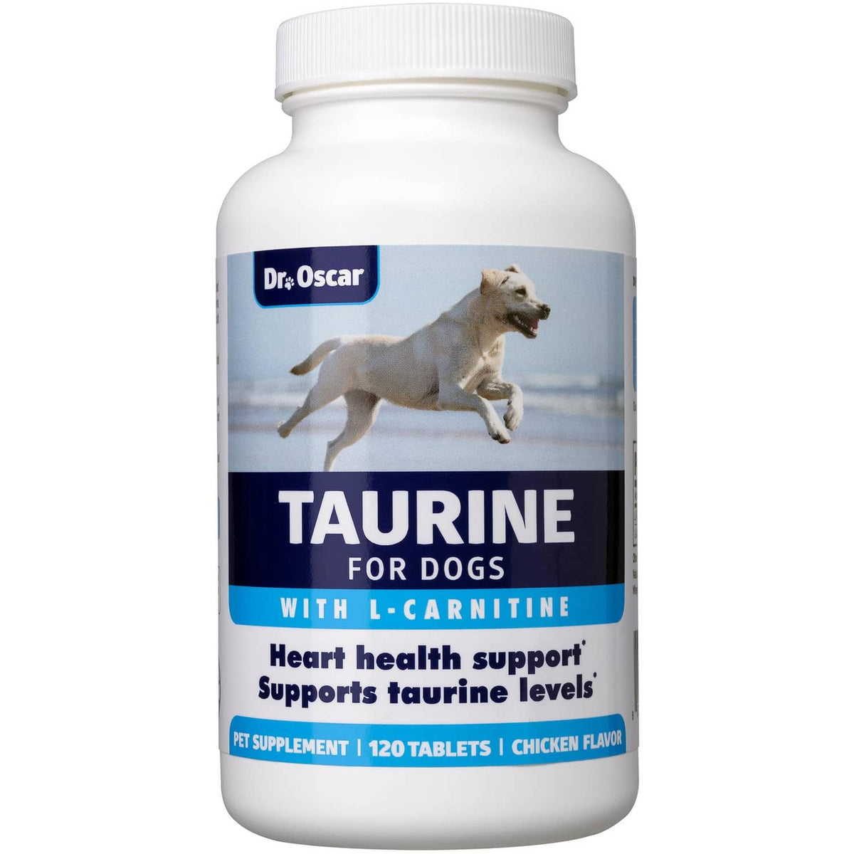 Dog taurine supplement bottle with white cap and Dr. Oscar blue front label