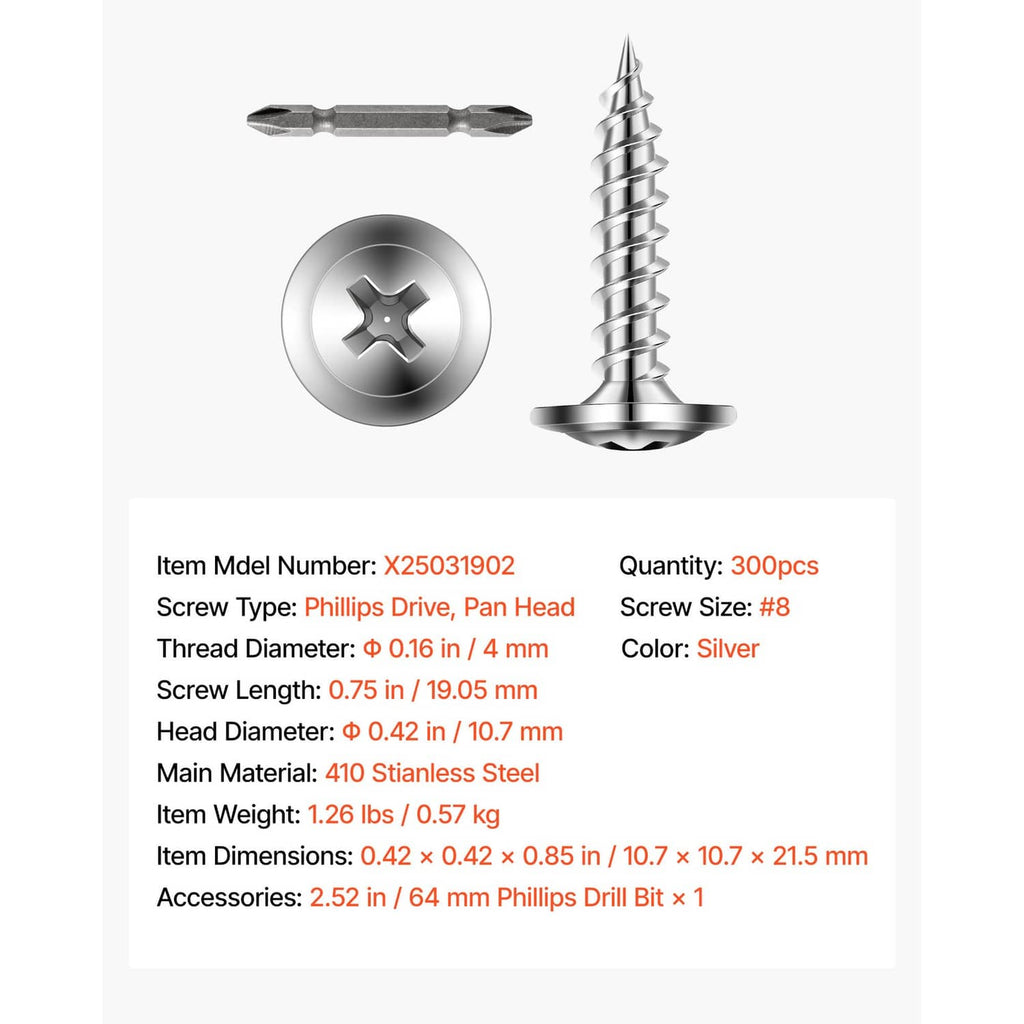 Stainless steel #8 self-drilling screw set with round head and Phillips drive
