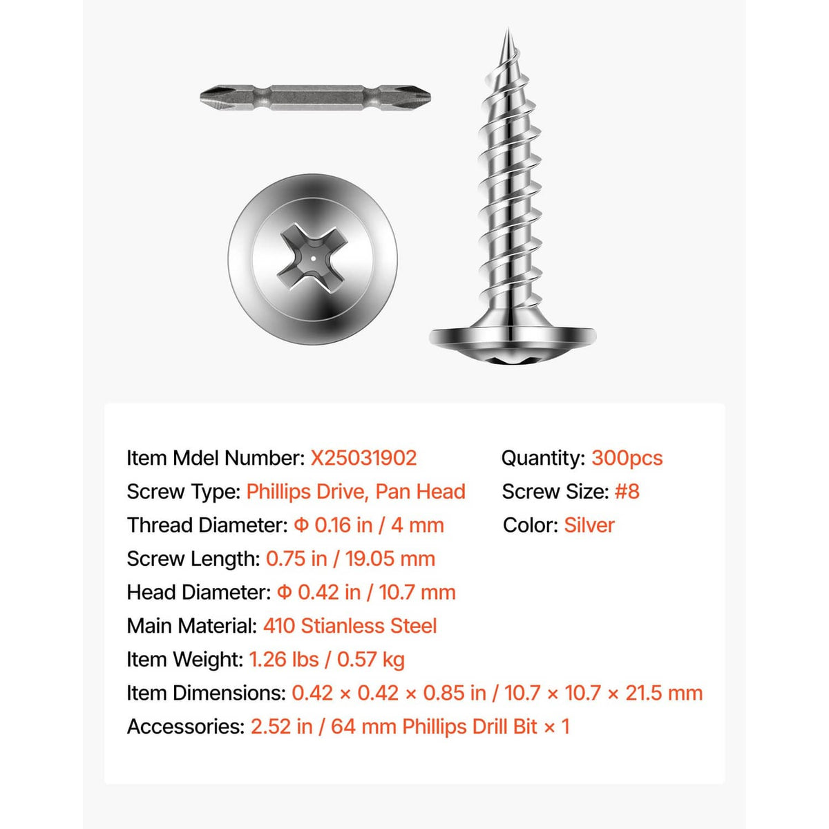 Stainless steel #8 self-drilling screw set with round head and Phillips drive