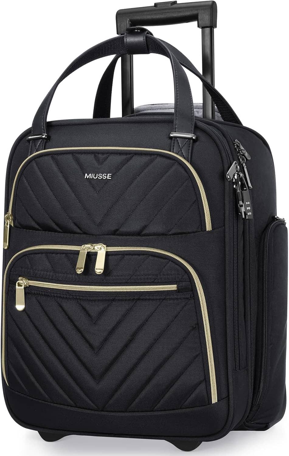 Carry-on softside suitcase with quilted front panel, green piping, zippers and top handle