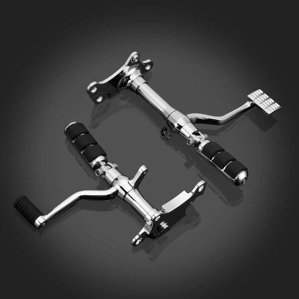 Motorcycle forward control kit with chrome levers and black rubber pegs