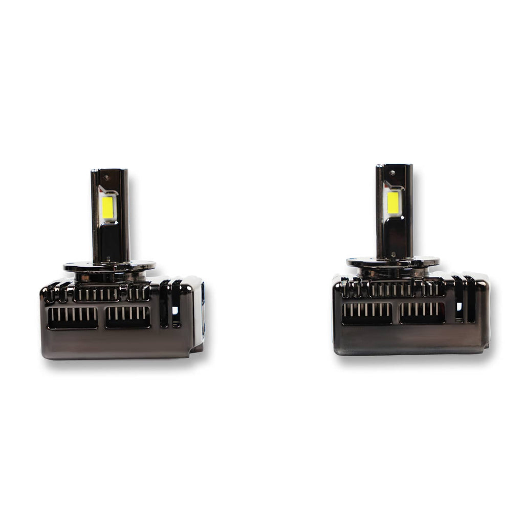 Front view of two D5S LED headlight bulbs with silver-black housings and LED chips