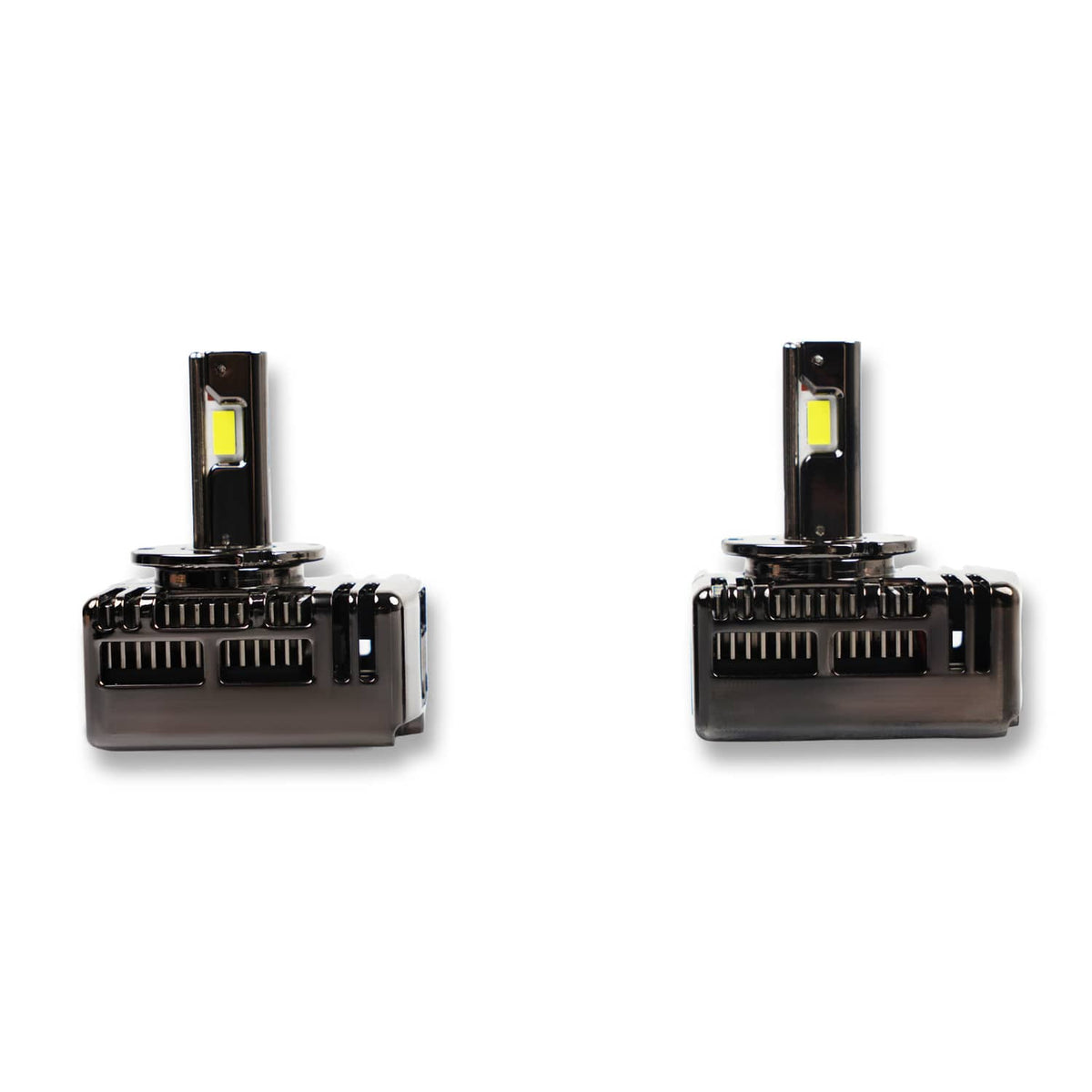 Front view of two D5S LED headlight bulbs with silver-black housings and LED chips